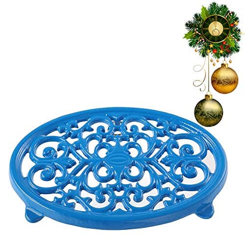 Image of Round Cast Iron Trivet Royal Blue Trivet Mats Metal Trivets for Kitchen Dining Table Oval Shape, Blue