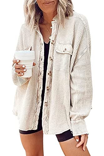 Image of Yanekop Shackets for Women 2025 Waffle Knit Tops Long Sleeve Button Down Shirt Fall Jackets Outfits Corduroy Jacket, Beige, X-Large