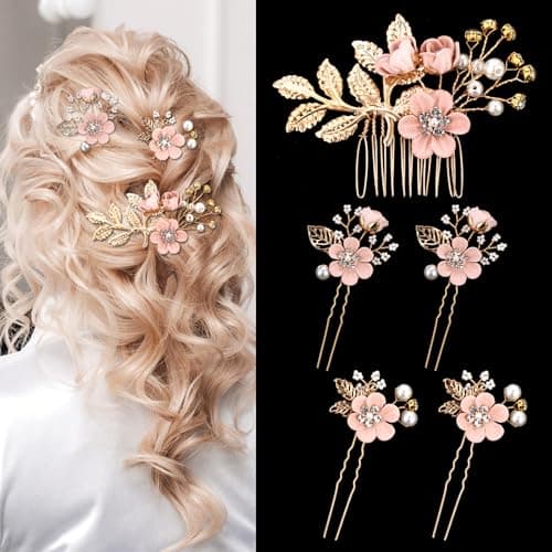 Image of 5 Pcs Pink Flower Hair Pins Bridal Hair Pins Wedding Hair Side Combs Floral Hair Pin Crystal Pearl Hair Clips Flower Headpiece Vintage Wedding Pink Hairs Accessories for Brides Bridesmaids Women Girls