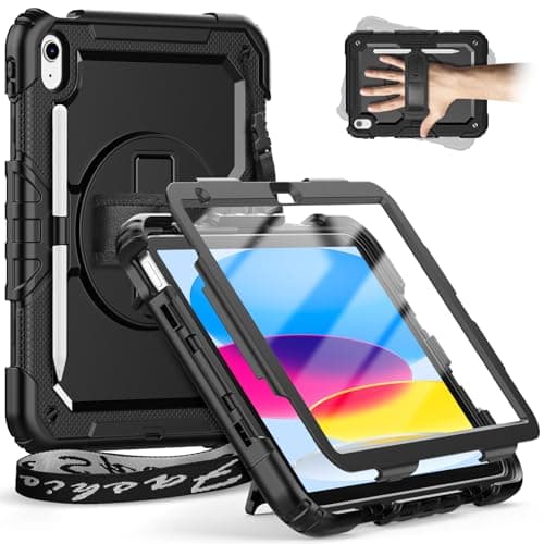 Image of Timecity For iPad (A16) 11th Generation Case 11 inch 2025/iPad 10th Generation Case 10.9 inch 2022, Heavy Duty Protective Cover with Screen Protector, Rotating Stand, Shoulder Strap. Black