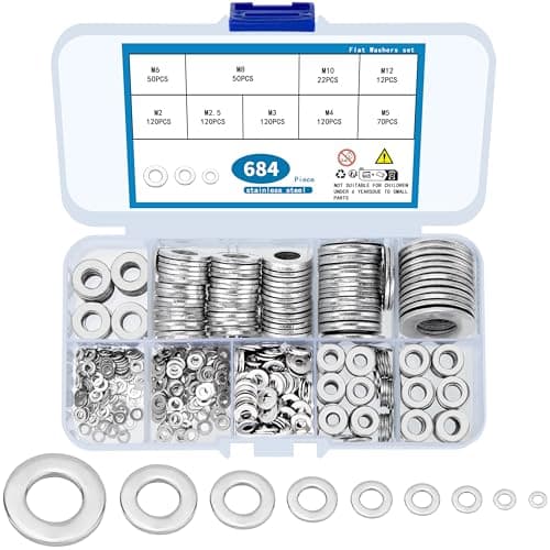 Image of wugongshan 684 Pcs Stainless Steel Flat Washers, 9 Sizes Metal Washers Hardware Assortment Set, M2 M2.5 M3 M4 M5 M6 M8 M10 for Home Automotive Shop Factories Repair Construction