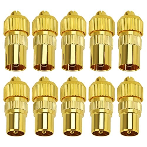 Image of KUOQIY 10 PCS Metal TV Aerial Coaxial Plug, 5 Male & 5 Female TV Aerial Coaxial Cable Connector Adaptor, Gold-Plated