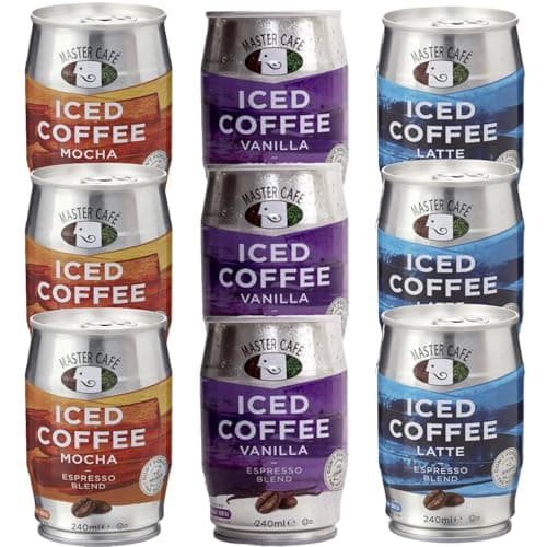 Image of Master Café Vanilla, Mocha & Latte Iced Coffee Cans 240ml x Pack of 9 - Full-Bodied Arabica & Robusta Cold Coffee Drinks Bean Blend, Ready to Drink, Enjoy Cold or Iced Coffee
