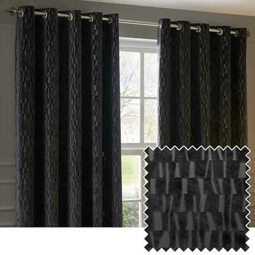 Image of Paoletti Manhattan Room Darkening Eyelet Curtain Pair – Elegant Velvet Geometric Textured Lined Ring Top Drapes (Charcoal - 229x229cm)