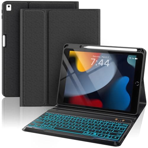 Image of OYEEICE Wireless Keyboard Case for iPad 9th/8th/7th Generation 10.2 Inch (2021/2020/2019), iPad Air 3rd Gen, 7 Colors Backlit Detachable Keyboard with Stylus Holder (Black, Classic Style)