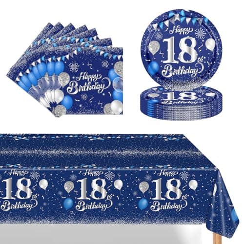 Image of POPOYU 37Pcs Navy Blue Silver 18th Birthday Tableware Set,18th Birthday Napkins Blue and Silver,18th BlueSilver Table Cloth,18thBirthday Paper Plates for Him Her Girls Boys BirthdayGift Party Supplies