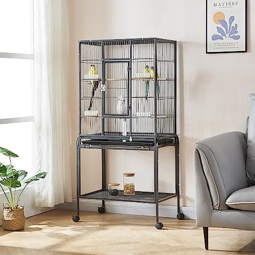 Image of Panana 136cm Large Bird Cage Parrot Cages Wide Flight Metal Animal Cage for Cockatiel Lovebird Budgie Parakeet Durable Frame With Perch Stand and Wheels (Black)