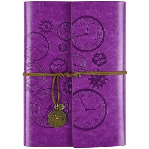 Image of Leather Journal Notebook, Refillable Notebook with Lined Pages Vintage Writing Travelers Notebook Spiral Bound Journal, Gift for Men and Women Classic Embossed Retro Pendants 23x16.5cm（A5, Purple)
