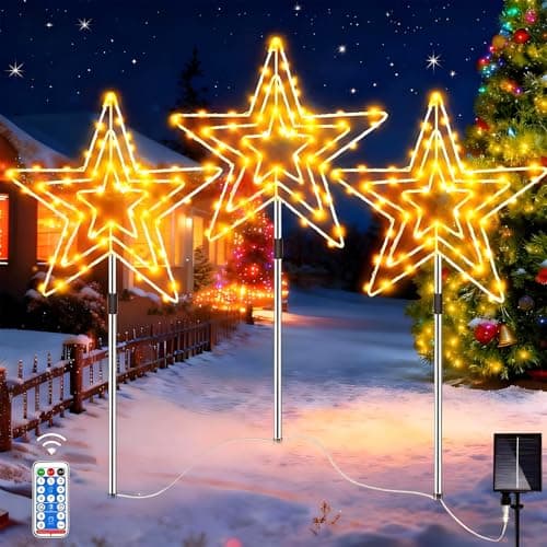 Image of Cozymeow Garden Lights Christmas Star Lights Outdoor, 3x75 LED Large Star USB/Solar Christmas Stake Lights, IP65 Waterproof 8 Modes, Path Lawn Yard Gifts Garden Ornaments Outdoor Xmas Decorations