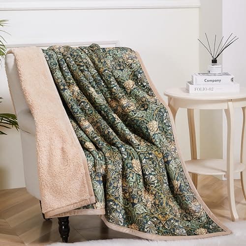 Image of Obal William Morris Sherpa Fleece Blanket Fluffy Throw Blankets for Bed and Couch Soft Microfiber Throws (Honeysuckle, Travel/Single 150x130)