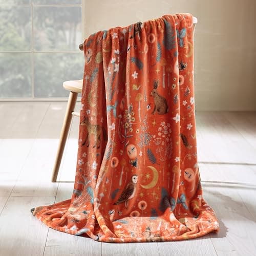 Image of Catherine Lansfield Enchanted Twilight Animals Cosy Fleece 130x170cm Blanket Throw Burnt Orange