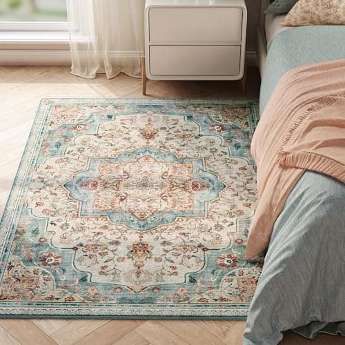 Image of SONGMICS HOME Area Rug, 120 x 170 cm Rug for Bedroom, Non-Slip Carpet, Traditional Vintage Style, Home Decor, for Living Room, Kitchen, Dining Room, Machine Washable, Teal Blue TAR032Q01