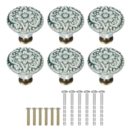 Image of sourcing map 6Pcs Ceramic Knobs, 34mm/1.34" Flower Pattern Mushroom Knob Raised Base Drawer Pull Handle Vintage Wardrobe Knobs with Screws for Vanity Bedroom Furniture Closet, Green