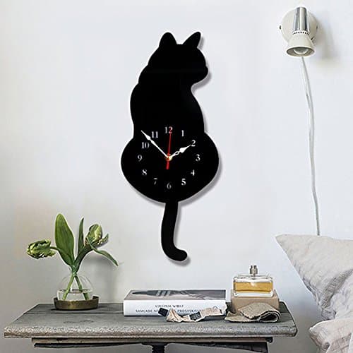 Image of Topkey Wall Clock Creative DIY Cat Acrylic Wall Clock with Swing Tail Pendulum for Living Room Bedroom Kitchen Home Décor - Battery Not Included (42CM x 18CM) Black