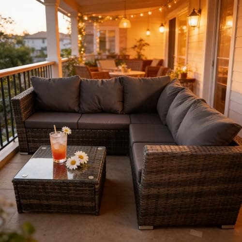 Image of Grennswick Durable 5-Seater Corner Sofa Set for Garden, All-Weather PE Wicker Patio Furniture with Tempered Glass Coffee Table, Outdoor 3-Piece Sectional
