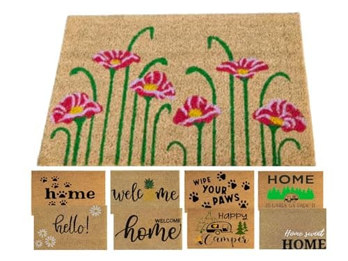 Image of MYPURECORE Coir Door Mat (60x40cm) - Non-Slip & Absorbent, Indoor/Outdoor, Eco-Friendly - Ideal as Front Door, Entrance, Floor, Welcome Mat - Large Size, Dirt Trapper, Washable (FLOWERS)