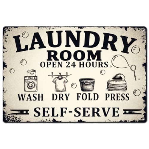Image of SUPERDANT Laundry Room Tin Signs Retro Metal Poster Open 24 Hours Plaque Vintage Decort Self-Serve Laundry Sign Decorative for Home Cleaning Room Apartment School Wall Art Gifts 20x30CM
