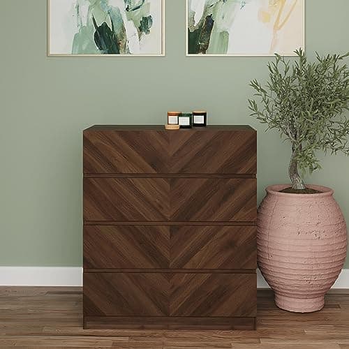 Image of GFW Catania 4 Drawer Chest Storage Cabinet With No Handle Design, Modern Wooden Bedroom Furniture Chest Of Drawers Storage Unit Bedroom Furniture For Clothes Storage, Walnut H-89 x W-77 x D-39.5cm