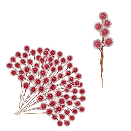 Image of Mienocol 100pcs Christmas Artificial Frosted Fruit Berry, 1.4cm Red Twig Stem Fruits Picks for Winter Wreath Making, Xmas Tree Decorations Supplies