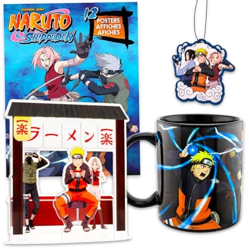 Image of Naruto Mug Gift Set - Bundle with 12 Oz Ceramic Coffee Cup with Handle Plus Air Freshener, Figure Stand, Poster Book for Kids, Teens, Adults Shippuden Home Decor Set for Adults