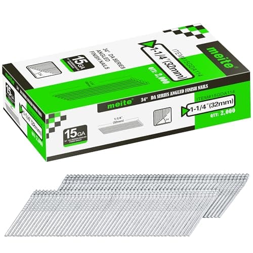 Image of meite DA32 Type 15G / 32 mm Angled Finish Nails, 15 Gauge 34 Degree Galvanised Angled Finishing Nails for Nail Guns - Ideal for Woodworking, Upholstery, and Framing Projects (2,000 Counts)