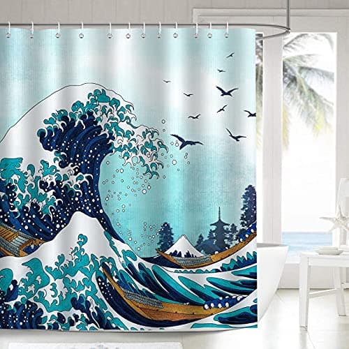 Image of Bonhause Japanese Shower Curtain 180 x 180 cm Kanagawa Ocean Waves Blue Bathroom Curtain Waterproof Mildew & Mould Resistant Polyester Fabric Bath Curtain with 12 Hooks