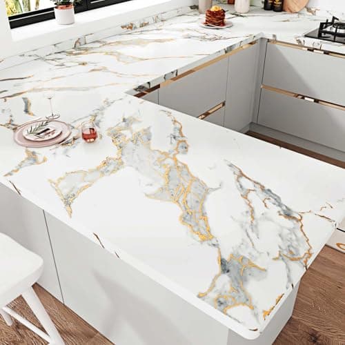 Image of HotDecor Matte White and Gold Marble Wallpaper Worktop Vinyl Covering Kitchen Wallpapers Washable White and Gold Marble Vinyl Wrap for Kitchen Cupboards Stick Back Wallpaper for Living Room 40 x 200cm