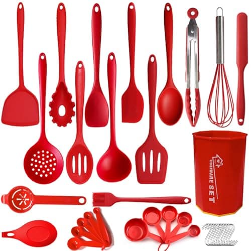 Image of UXIYI Silicone Kitchen Utensils Set, 36PCS Heat Resistant Cooking Utensil with Holder, Kitchen Gadgets and Tools for Nonstick Cookware,36pcs Red