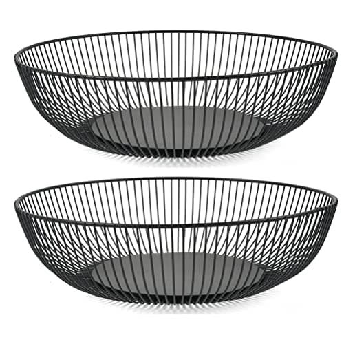 Image of 2PCS Black Wire Fruit Basket, Black Fruit Bowls, Basket Metal Wire for Fruitss, Countertop Bowl Fruits 28x7.5cm Countertop Metal Fruit-Bowls, Modern Wires Large Round Basket for Fruits Vegetable Snack