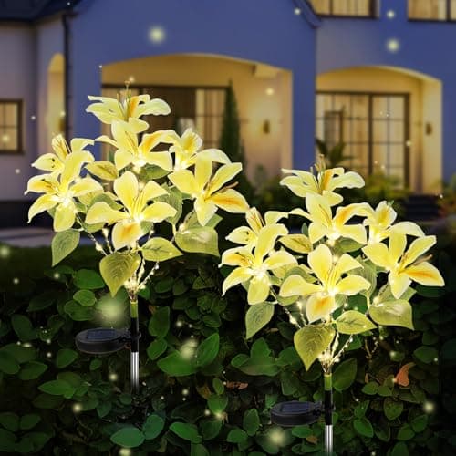 Image of Joyoldelf Solar Flower Lights Outdoor Garden – 2 Pack Yellow Bauhinia Solar Lights, Waterproof & Solar Powered with 7 Blossoms per Stem, Garden Ornaments Pathway Lighting for Patio Lawn Walkway