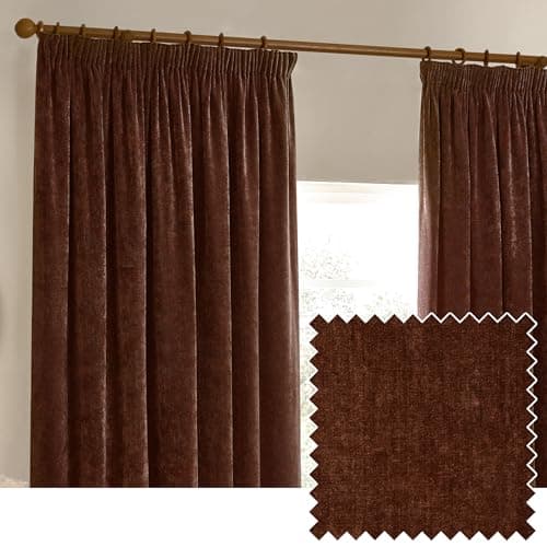 Image of Yard furn Heavy Chenille Pencil Pleat Curtain Pair – Lined Room Darkening Soft Velvet Curtains (Nutmeg - Width 168 x Drop 137cm)