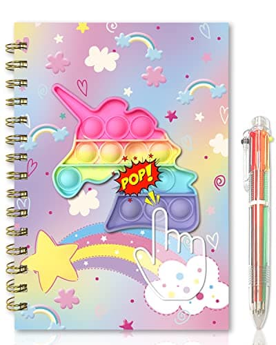 Image of GINMLYDA Pop Secret Diary for Girls with Pen, 8.25x5.7 Inches 160 Pages Unicorn Fidget Kids Notebook and Pen Set for Girls Birthday Presents A5 Spiral Kids Journal for Girls Gifts 6-12 Year Old