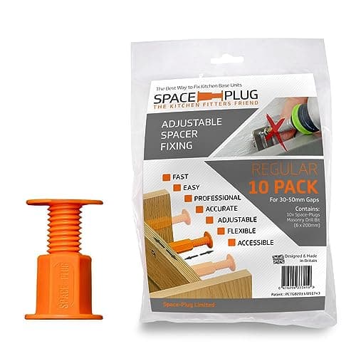 Image of Space-Plug Adjustable Spacer Fixings (Regular size for 30-50mm gaps), 10 Pack of Original Orange Spacers, Professional & DIY use for kitchen, bedroom, bathroom & furniture installations