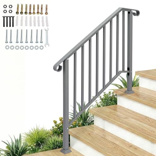 Image of Outopee 3 Level Outdoor Handrail, Galvanized Iron Exterior Handrail, Fit 3 or 4 Steps Stair Railing, Banister with Installation Kit for Stairs, Garden, House Entrance, Backyard & Balcony, Sliver
