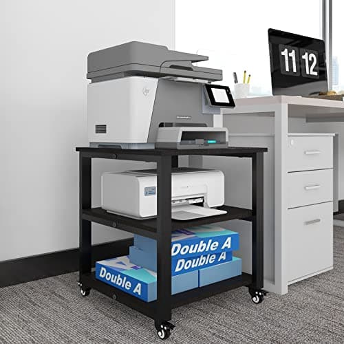 Image of PUNCIA 3-Tier Laser Printer Stand with Storage 50x50x57.5cm Large Printer Table on Wheels Under Desk Storage Trolley Heavy Duty Rolling Cart Movable Rack Fax Scanner Shelf for Home Office (Black)