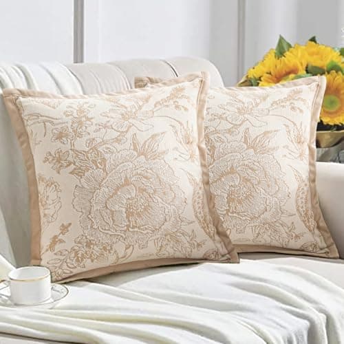 Image of Traziewell Floral Cushion Cover Pack of 2 Decorative Square Pillowcases for Couch Living Room Sofa Bed with Invisible Zipper 18x18 Inches Cream 806
