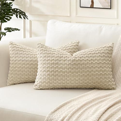Image of Artscope Pom Poms Decorative Corduroy Cushion Covers 40x60cm Super Soft Boho Striped Lumbar Pillow Covers Case Geometric for Sofa Couch Bedroom Car Decor Set of 2, Beige