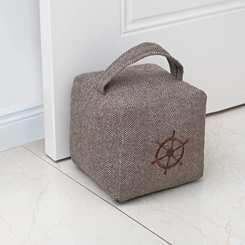 Image of Marwood Fabric Door Stopper Decorative Door Stops for Home and Office, 4.4 pounds Weighted Interior Doorstop Heavy Duty Soft Door Stopper with Handle and Nautical Rudder Design - 6”x6 Brown