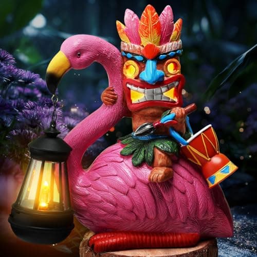 Image of Gerrii Solar Tiki Statue Outdoor Light Decoration Tiki Bar Garden Statues 11'' Resin Waterproof Flamingo Figurines for Garden, Patio, Balcony, Yard, Lawn Ornament