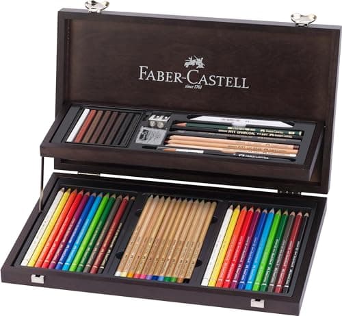 Image of Faber-Castell Art & Graphic Compendium, Multicoloured, Wooden Case of 53, Art, Craft, Drawing, Sketching, Home, School, University, Colouring