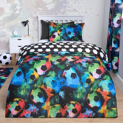 Image of OHS Single Duvet Covers, Super Soft Cosy Warm Vibrant Galaxy Luxurious Reversible Comfortable Single Duvet Set with Pillowcase for Kids - Neon Football