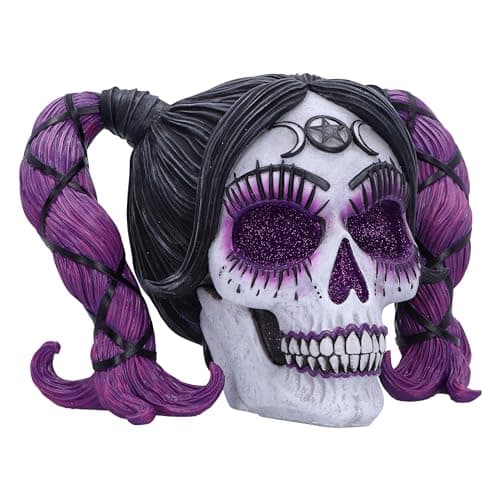 Image of Nemesis Now Drop Dead Gorgeous Myths and Magic Figurine 20.5cm, Resin, Voodoo Doll Skull Ornament, Female Skull with Purple Hair and Glitter Eyes, Cast in the Finest Resin, Expertly Hand-Painted