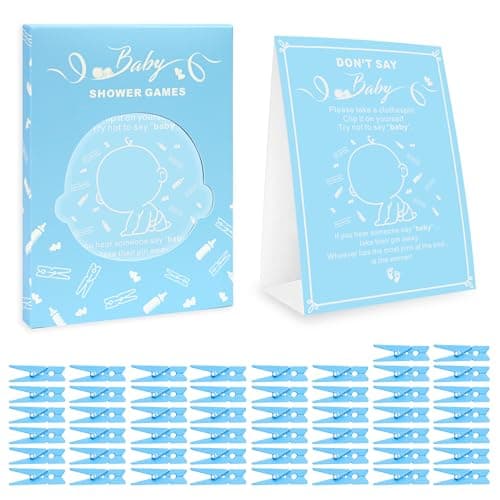 Image of Amzsudy Don't Say It Game, Gender Neutral Shower Games Supplies for Boys Girls, No Prep Needed Party Games for Parents-to-be, 50 Mini Clothespins & Rule Sign Card, Blue