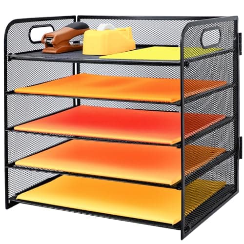 Image of PLSOPPKG 5 Tier Paper Letter Tray with Handle, Metal Mesh Desk File Organizer with Trays, A4 Paper Desktop Filing Trays, Magazine Document Holder for Home Office School