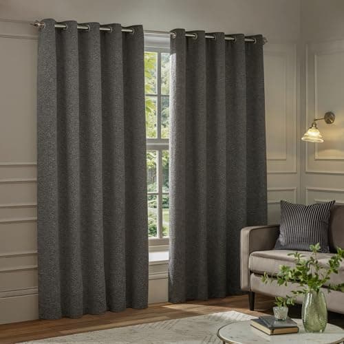 Image of Paoletti Galaxy Eyelet Curtain Pair – Lined Room Darkening Luxury Opulent Chenille Curtains (Charcoal - 229x229cm)
