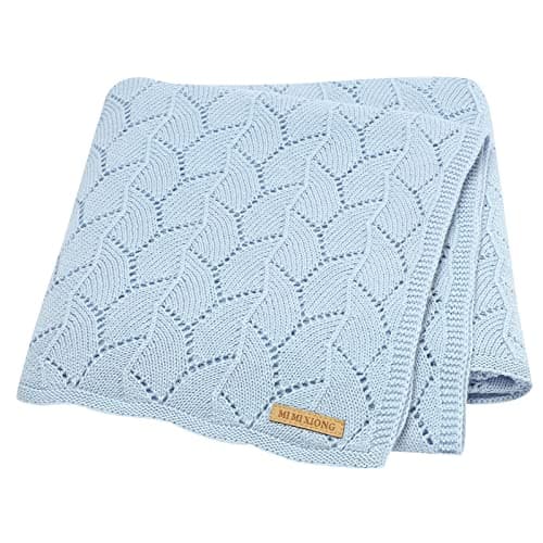 Image of LAWKUL Cellular Blanket Baby 100% Cotton Knitted Soft Knit Crochet Blankets for Newborn Boy Girls Toddler 100x80cm Light Blue