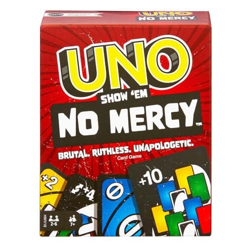 Image of Mattel Games UNO Show ?em No Mercy Card Game for Kids, Adults & Family Parties and Travel With Extra Cards, Special Rules and Tougher Penalties., HWV18