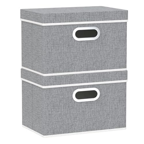 Image of Yawinhe Collapsible Storage Box 2 Pack, Fabric Clothing Shelf Basket with Lid, for Organizing Home, 38x25x25cm, Grey, SNK023GL-2