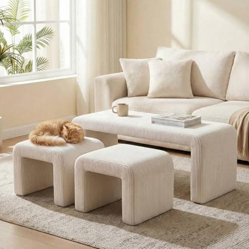 Image of Clevich Nesting Ottoman Bench Set of 3, Upholstered End of Bed Bench with 2 Footstools, 40.5" Fabric Bedroom Bench, Entryway Seat, Vanity Stool Set for Living Room, Hallway