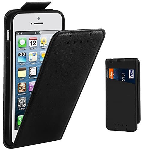 Image of iPhone SE Case, Supad Leather Flip Wallet Slim Case Cover for Apple iPhone SE 5S 5 (Black) - 5 inches